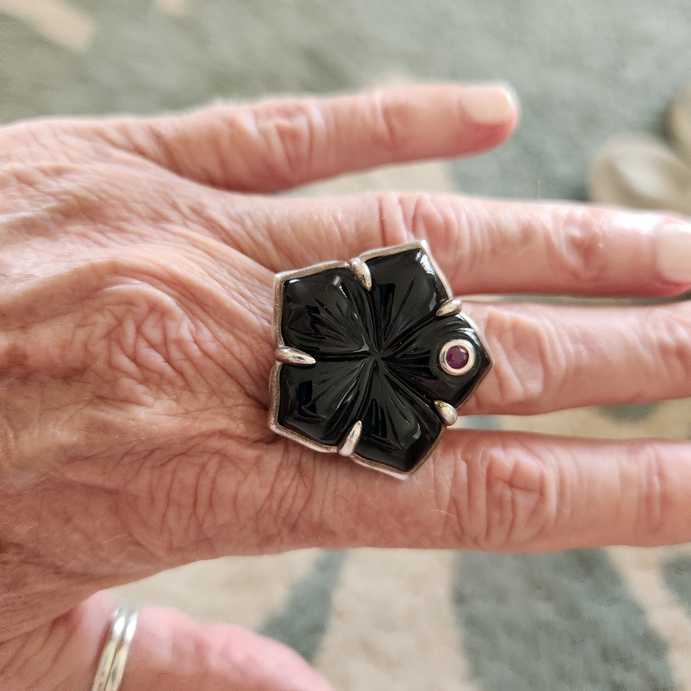 Tracey Mayer Vintage 925 Sterling Black Onyx And Ruby Silver Women's Ring